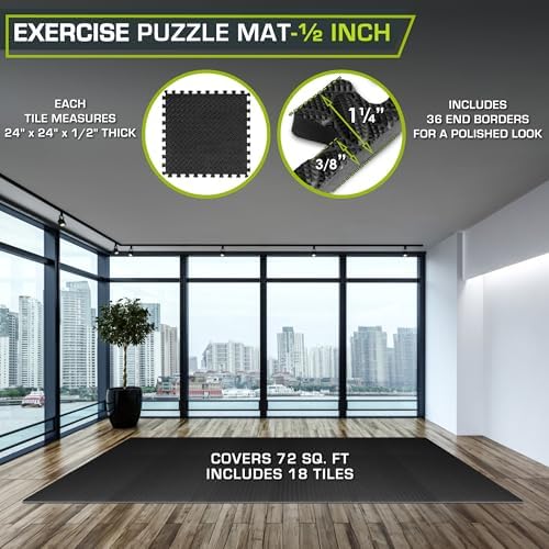ProsourceFit Exercise Puzzle Mat 1/2-inch, EVA Interlocking Foam Floor Tiles for Home Gym, Workout Equipment, Kids Play Areas, Black, 72 SQ FT - 18 Tiles - Image 2