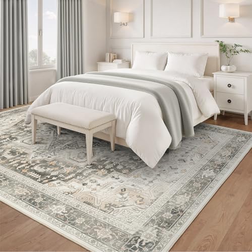 Rugflix 9x12 Area Rugs for Living Room, Machine Washable Rug Non Slip Stain Resistance, Large Rug Vintage Distressed Soft Carpet for Bedroom, Dining Room, Home Office, Beige Grey - Image 6