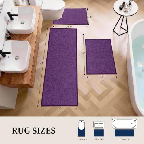 YIHOUSE Purple Bathroom Rugs Sets 3 Piece, Quick Dry Thin Bath Mat with Toilet Rug, Non Slip Absorbent Machine Washable, Bath Runner Rugs for Bathtub Sink Home Decor - Image 2