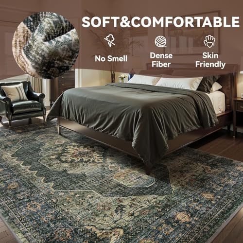 Olive Green 5x7 Area Rugs for Living Room Bedroom Rug Washable Soft Vintage Neutral Farmhouse Dining Room Office Rug Carpet Water Repellent Easy Care Non Slip - Image 2