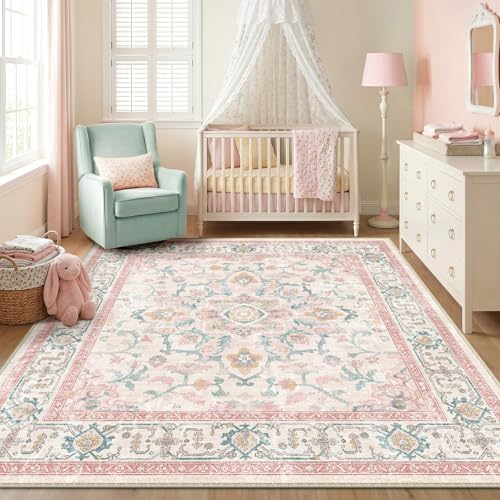 CAPALOCA Square 8ft Washable Nursery Girls Low Pile Area Rug Pink Teal by CAPALOCA