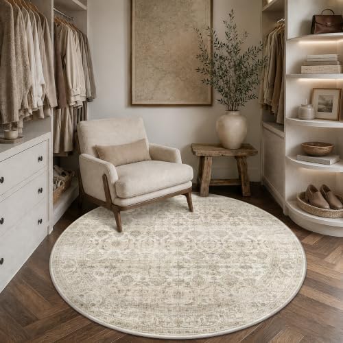 JOOJA 6x6 Beige Vintage Soft Low Pile Washable Boho Round Living Room Rug - Image 2