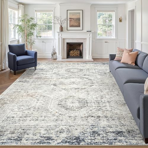 Soalmost 12x15 Area Rugs for Living Room Washable Rug Non-Slip Blue/Ivory - Image 2