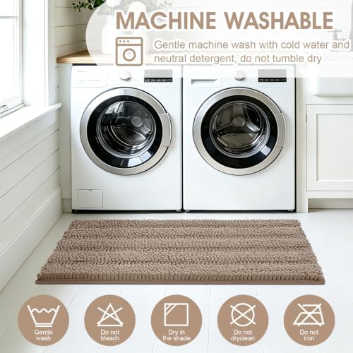 ACCUMTEK Striped Dark Beige Toilet Bathroom Rug Mat Set 2 piece Rug Ultra Soft, Non Slip Chenille Bath Rugs, Absorbent Plush Shaggy Bath Mats for Bathroom, Bedroom, Kitchen, Shower, Tub,Taupe - Image 6