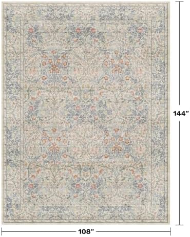 Washable Light Blue Bedroom Rug, 9x12 Area Rug for Living Room, Large Dining Room Rugs for Under Table, Soft Low Pile Non-Slip Stain Resistant Carpet - Vintage Floral Design (9x12 Beige Blue) - Image 2