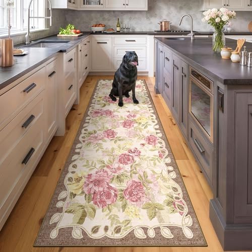 Washable 2.6x8 Runner Rug, Cream Boho Floral Non-Slip for Hallway, Kitchen by GERUIMO