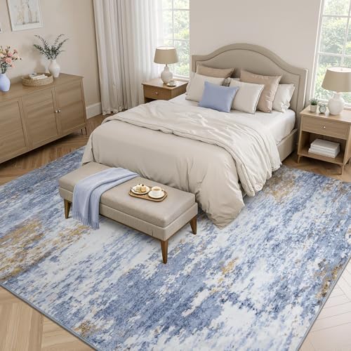 9x12 Area Rug for Living Room, Abstract Washable Large Rugs, Light Blue - Image 2