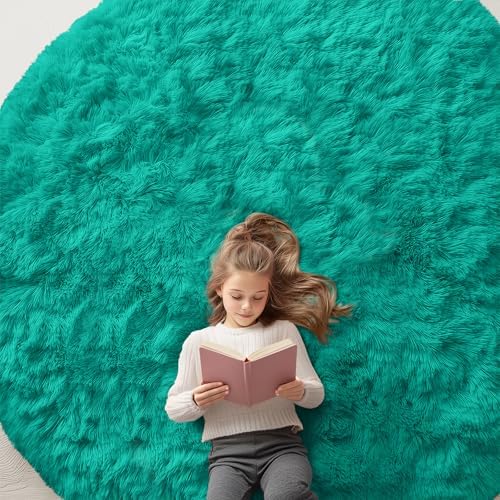 OLANLY Teal Green Round Rugs for Bedroom - Machine Washable, 8 ft Circle Area Rugs for Living Room, Soft and Fluffy Shaggy Carpet for Teen Girl and Boys, Nursery Rooms, Dorms, Home Decor Aesthetic by OLANLY