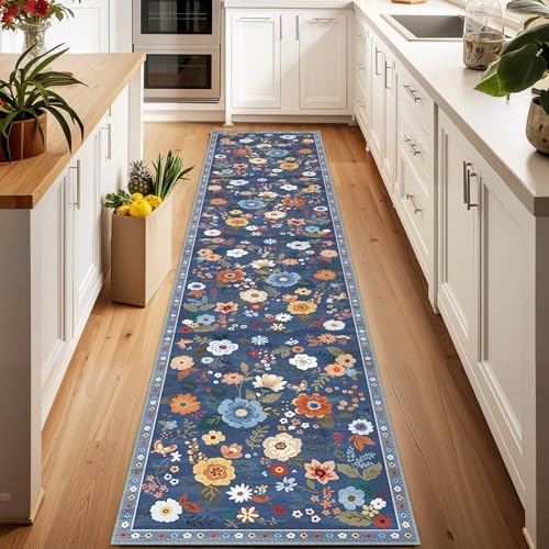 Floral Washable 2x10 Area Rugs Runner Entryway Hallway Blue/Grey by RELEANY
