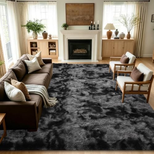 8x10 Extra Large Tie-dye Dark Grey Fluffy Area Rug Non-Slip for Living Room by ModernHomeDecor