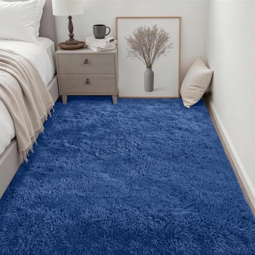 Area Rug Living Room Bedroom: 4x6 Fluffy Plush Shag Carpet Blue - Image 3