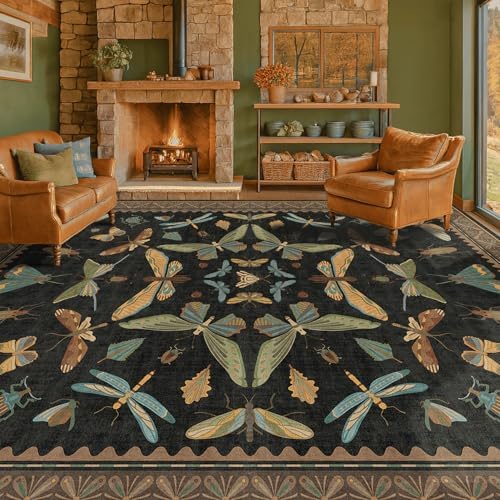Big Black Area Rug for Living Room - Washable 10x14 Area Rug, Dining Room Rugs for Under Table, Soft Low Pile for Large Bedroom - Insect Witch Dark Moody Bug Decor, Non-Slip & Stain Resistance by HazoHaus