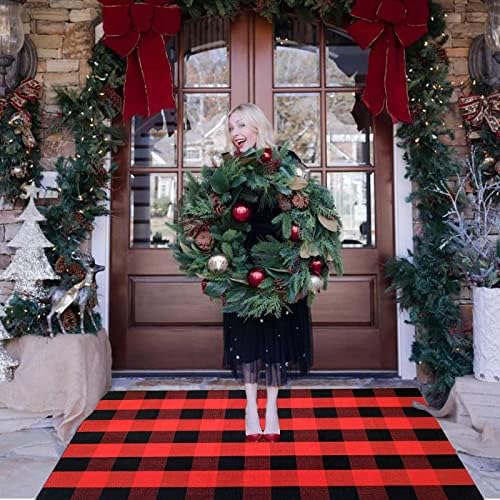 Red and Black Plaid Rug, 3'x5' Check Outdoor Front Door Decorative Mat, Cotton Woven Rug for Layered Door Mats Washable Carpet for Porch, Entryway, Farmhouse, Christmas, Halloween - Image 2