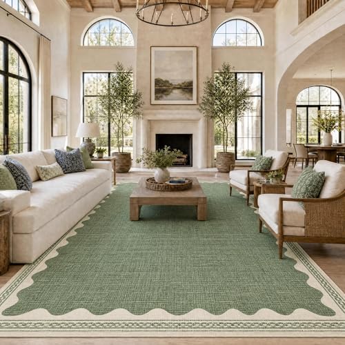 GarveeHome Scalloped Sage Green Washable Rugs 10x13 Rug for Living Room Non-Slip Solid Modern Minimalism 10 x 13 Rug Low-Pile Carpet for Bedroom Dining Nursery Mat with Rubber Back by GarveeHome