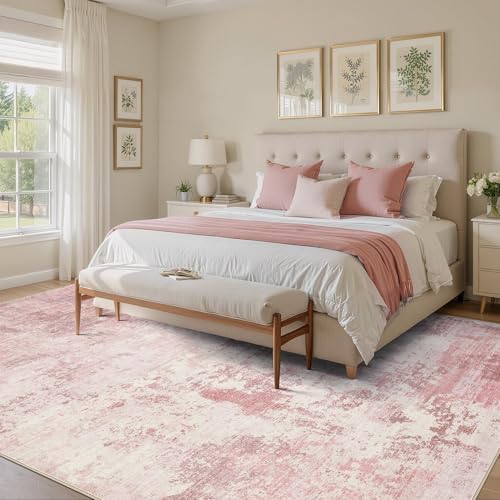UERMEI 9x12 Area Rug Living Room Rugs - Washable Neutral Modern Abstract Soft Thin Large Rug Indoor Floor No Slip Rug Carpet for Bedroom Under Dining Table Home Office Decor - Pink - Image 4