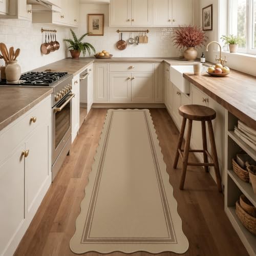 Easy Jute Kitchen Runner 2.6x10 Kitchen Runner Rug Washable Non Slip Outdoor Rug for Entryway Farmhouse Neutral Low Pile Scalloped Carpet for Hallyway Proch Doorway by Zeeinx