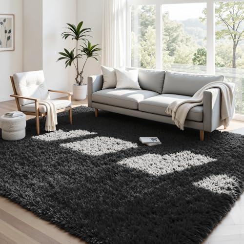 4x6 Fluffy Shag Area Rugs for Living Room Bedroom: Soft Plush Carpet Black by CarpetAddColortoYourLife