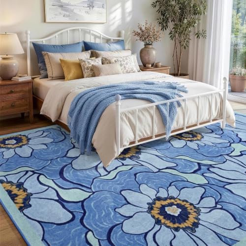 6x9 Ft Floral Area Rugs for Living Room, Thin Soft Washable Carpet Blue - Image 3
