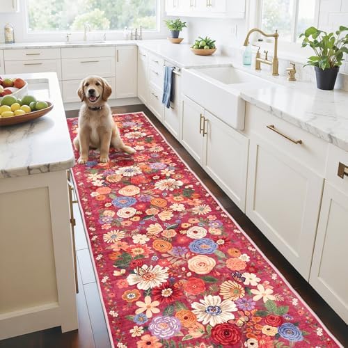 Red Floral Hallway Runner Rug 2x10 for Kitchen Bathroom by WelcometoBabovid