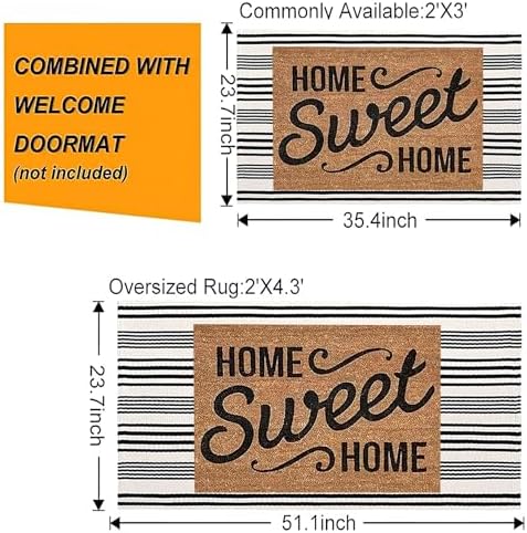 Black and White Striped Doormat 24"x35"Cotton Washable Fall Layering Rug - Image 4
