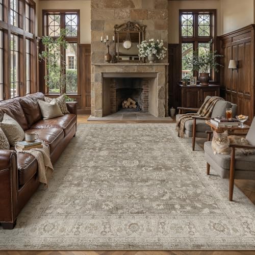 PureCozy Brown Gray Area Rug 9x12 Vintage Floral Distressed by PureCozy