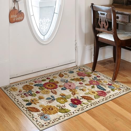 Washable 2x3 Small Area Rug, Beige Boho Floral Non-Slip Entryway Door Mat by GERUIMO