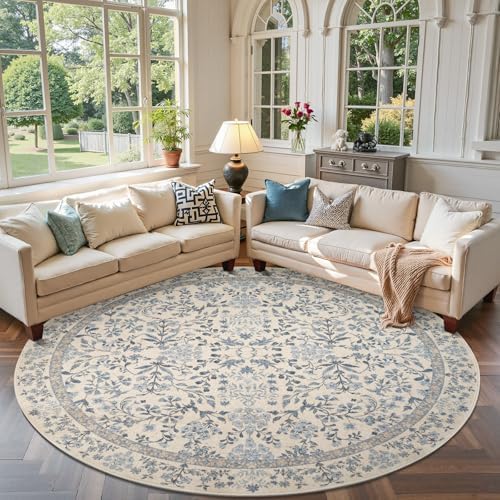 jinchan 8ft Washable Round Area Rug, Vintage Floral, Blue/Cream - Image 2