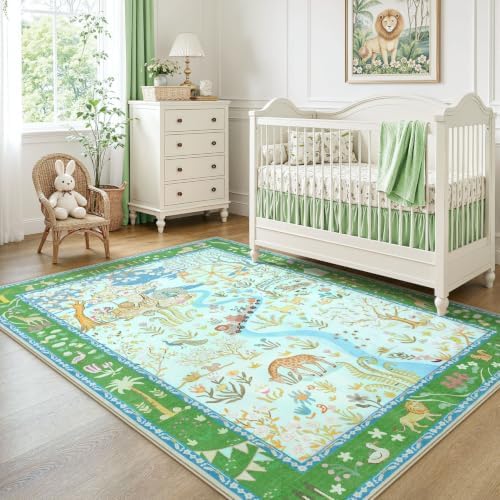 Tribesigns Washable Zoo Floral 5x7 Kids Playroom Rug, Soft Cute Blue Nursery Rugs for Bedroom, Non-Slip Low Pile Indoor Animal Print Carpet Rugs for Kids Room Living Room, Blue/5x7 by Tribesigns