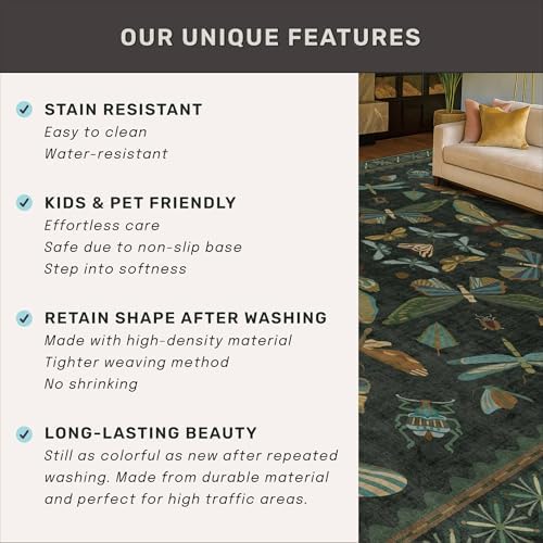 3x12 Long Hallway Runner Rug Non Slip - Washable Front Door Runner Indoor Entrance, Boho Nature Insect Stain Resistant Kitchen Carpet, Low Pile & Soft Indoor Décor (Dark Green) - Image 6