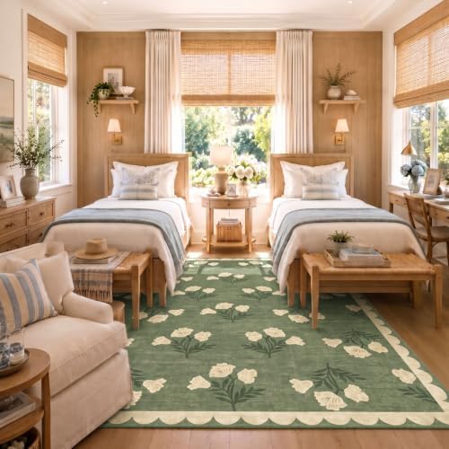 5x7 Living Room Area Rug - Green Boho Floral Scalloped Bedroom Rug - Image 6