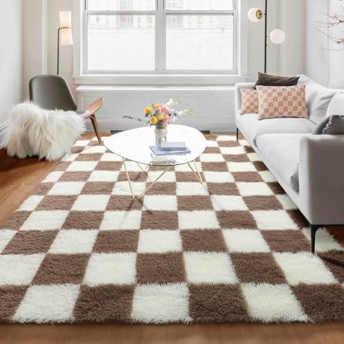 KICMOR Living Room Rug 5x8 Brown and Cream White, Large Fluffy Shag Fuzzy Checkered Area Rugs Shaggy Bedroom Carpet, Indoor Soft Plush Furry Big Rug for Teen Kids Boys Girls Room Nursery Home Decor by KICMOR