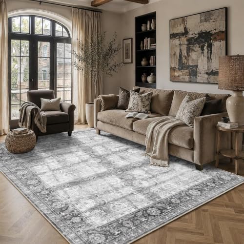 JOOJA 6x9 Grey Vintage Boho Washable Area Rug, Soft Low Pile Floor Carpet - Image 2