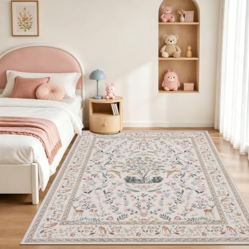 RCTJHOME 5x7 Beige Floral Nursery Kids Washable Area Rug Non-Slip Carpet by RCTJHOME