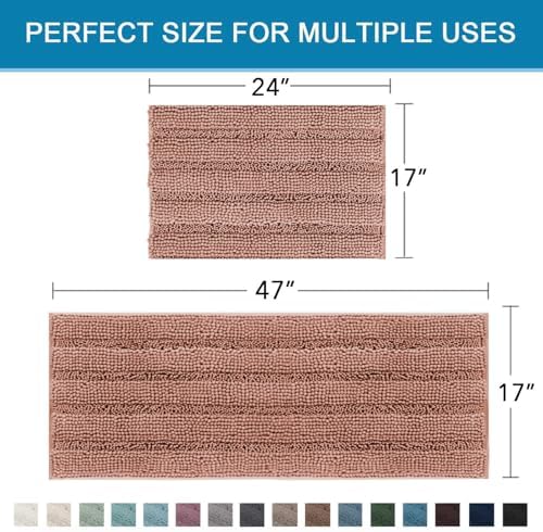 H.VERSAILTEX 2 Piece Set Bathroom Rugs Bath Mats Sets Super Absorbent Chenille Striped Bath Mats Non Skid Machine Wash Dry Rugs for Bathroom Floor (Muted Clay, 47 x 17 Plus 17 x 24 - Inches) - Image 2