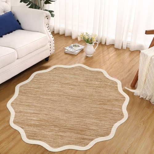 GarveeHome Scalloped Round Washable Rug 5ft Soft Non Slip, Light Brown - Image 2