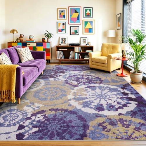 Large Boho Modern 8x10 Area Rug, Lavender Low-Pile Washable Abstract Rug by Quntue