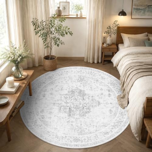 5ft Round Washable Office Rug Non-Slip Medallion Gray Throw Carpet - Image 4