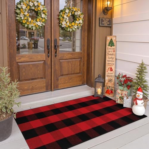 OJIA Christmas Front Door Mat 24"x51" Red Plaid Welcome Mat Front Porch Rug by OJIA