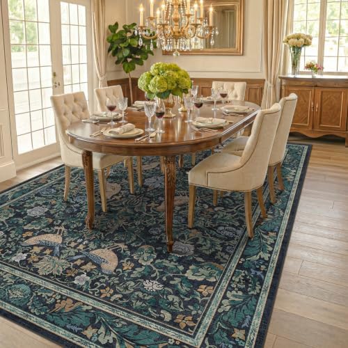 Dark Blue and Green Washable 8x10 Area Rugs for Living Room - Soft Non Slip Botanical Rug for Dining Room Under Table, Bedroom Under Bed, Vintage Large Carpet Decor Stain Resistant - Image 3