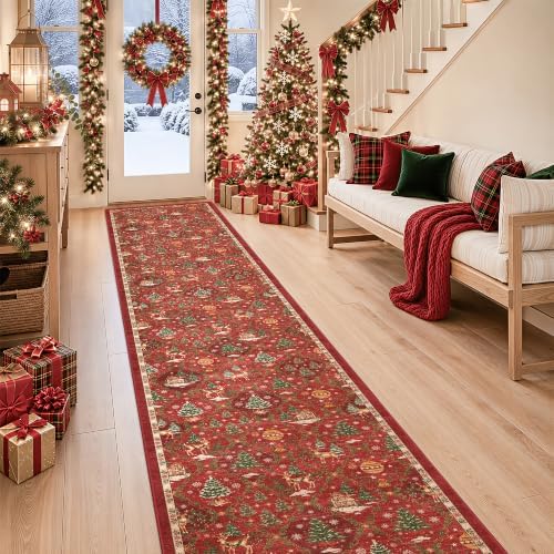 Christmas 2x12 Runner Rugs for Hallway, Red Non Slip Washable Kitchen Rug - Image 3