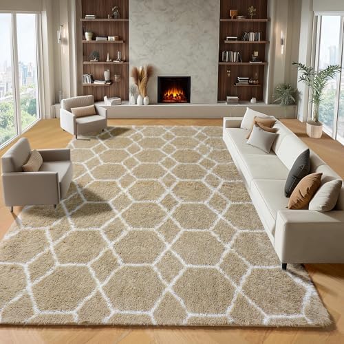 Area Rugs for Living Room, 7x10 Fluffy Beige and White Modern Bedroom Rug - Image 2