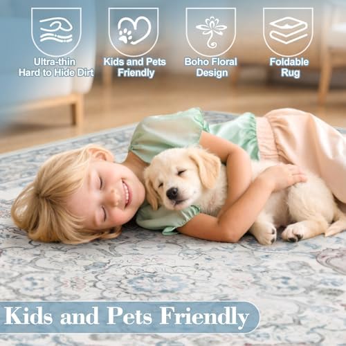 Wonnitar 5x7 Washable Area Rugs, Blue Vintage Floral Rug for Bedroom Decor, Soft Cozy Low Pile Non-Slip Boho Floor Carpet for Living Room Kids Room Office Indoor Décor - Image 4