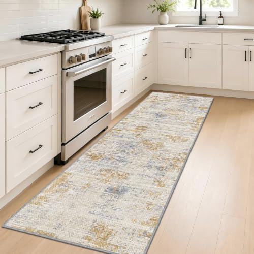 Hallway Runner Rug 2x8 Textured Non Slip Carpet Runner, Beige/Gold - Image 2