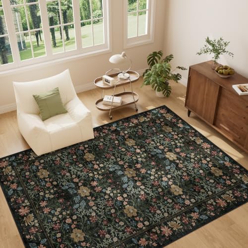 DUKINO 5x7 Area Rugs, Vintage Floral Washable Rug for Living Room, Black - Image 2
