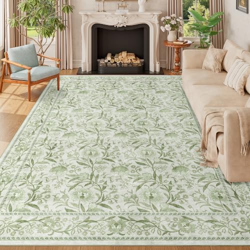 DUKINO 9x12 Area Rug for Living Room Vintage Floral Washable Rug Sage Green by DUKINO