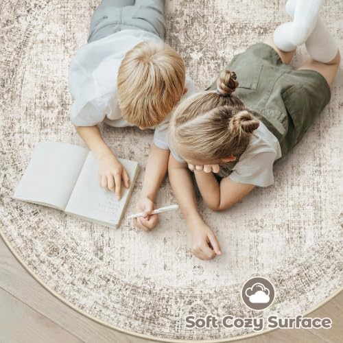 Round Rugs 6ft Washable Rug, Vintage Boho Medallion Rugs Non-Slip Soft Low Pile Circle Distressed Rug Indoor Retro Carpet for Living Room Bedroom Dining Room Home Office (Taupe, 6' Round) - Image 5