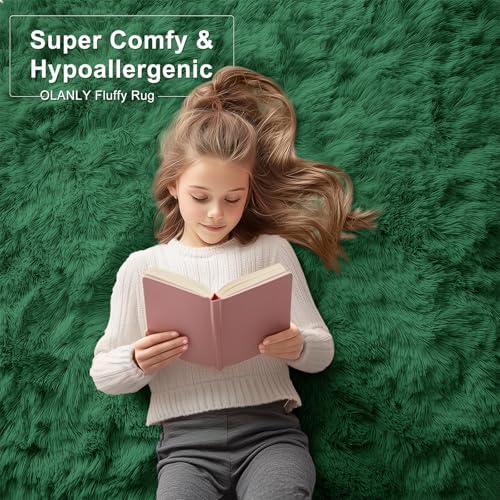 OLANLY 9x12 Machine Washable Large Area Rugs for Living Room, Bedroom, Soft Fluffy Shaggy Bedside Rug, Indoor Floor Carpet for Kids Girls and Boys, Dorms, Nursery, Home Decor Aesthetic, Dark Green - Image 5
