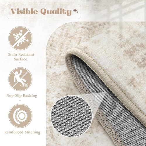 Area Rug 6x9 Washable Rug, Vintage Boho Medallion Rugs Non-Slip Soft Low Pile Large Distressed Rug Indoor Retro Carpet for Living Room Bedroom Dining Room Home Office (Beige, 6'x9') - Image 6