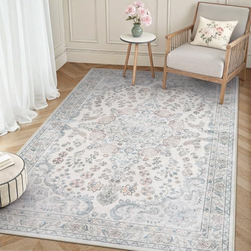Wonnitar 5x7 Washable Area Rugs, Blue Vintage Floral Rug for Bedroom Decor, Soft Cozy Low Pile Non-Slip Boho Floor Carpet for Living Room Kids Room Office Indoor Décor by Wonnitar