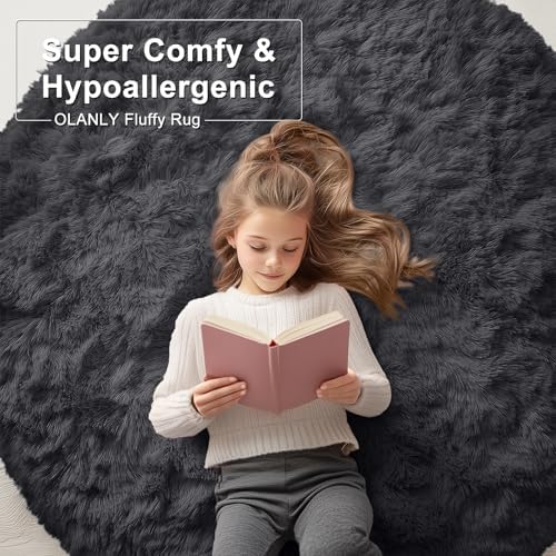 OLANLY Black Round Rugs for Bedroom - Machine Washable, 2 ft Circle Area Rugs for Living Room, Soft and Fluffy Shaggy Carpet for Teen Girls and Boys, Nursery Rooms, Dorms, Home Decor Aesthetic - Image 6